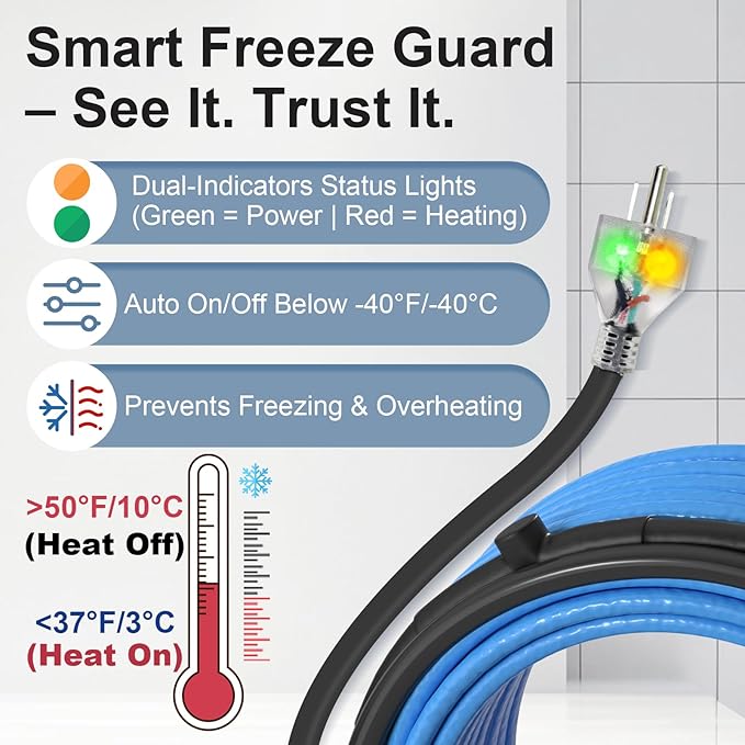 MAXKOSKO 100Ft. 120V Dual Lights Pipe Heating Tape, Self-Regulating Heat Trace for Metal & Plastic Water Pipes, Frost Protection for RV, Drain, Sewer (-40°F/-55°C)