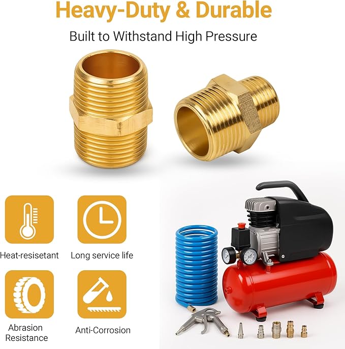 Brass Pipe Fitting Kit 15PCS, NPT Brass Hex Nipple Male to Male Adapter Set – 1/8", 1/4", 3/8", 1/2" Sizes for Plumbing, Air Compressor, and Industrial Use