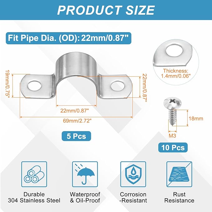 uxcell 5Pcs 22mm(7/8") Two Hole Rigid Pipe Strap, 304 Stainless Steel Conduit Clamp Thicken U Bracket Heavy Duty Pipe Clamp with Self-Tapping Screws for Fixing Tube Cable, Silver