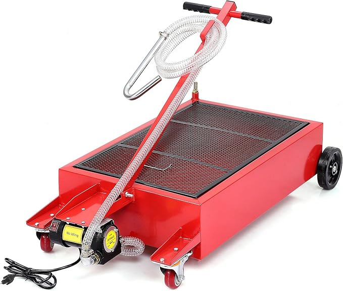 Low Profile Oil Drain Pan, 20 gal Electric Oil Drain Pan with Pump 110V Electric Pump, 8 ft Hose & Folding Handle, Rolling Cart for Cars, Trucks, Buses, RVs