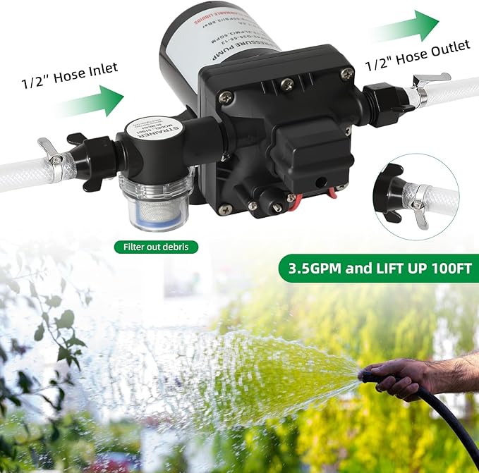 12V RV Water Pump, 3.5 GPM,40-80 PSI Adujstable Diaphragm Pump with Automatic Pressure Switch,1/2'' MNPT Port, Quiet & Smooth Operation,1 Pump + 1 Strainer,Compatible with Camper, RV, Shower, Sprayer