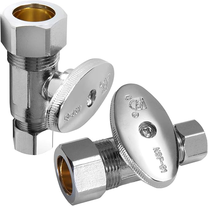 2-PCs HeSun Straight Stop Valve, 1/2" Nominal (5/8"OD) Compression x 3/8" OD Compression, 1/4 Turn Shut Off Valve for Bathroom, Chrome Plated Brass(VALVE122-2)