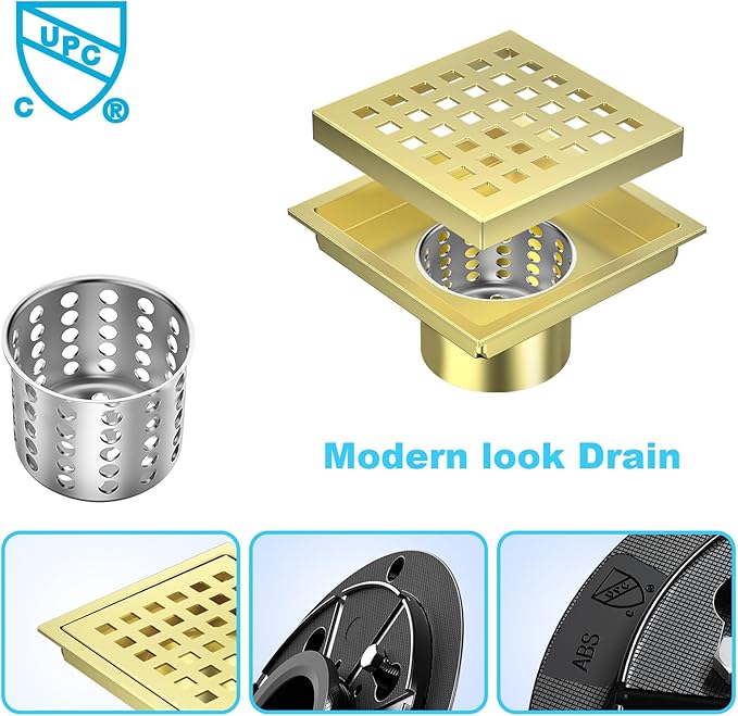 4-1/3 Inch Square Shower Floor Drain with Removable Cover Grid Grate, SUS 304 Stainless Steel, Watermark&CUPC Certified, Chrome Finished (Gold, 4 in)
