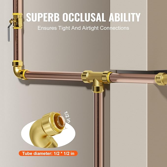 VEVOR Pipe Fittings, 1/2" 12PCS Brass Pipe Fittings, Elbow Push-Fit Pipe Connector Brass Air Fittings, Heavy Duty Plumbing Fittings Adapter for Heating/Shower Systems, Water Pipes