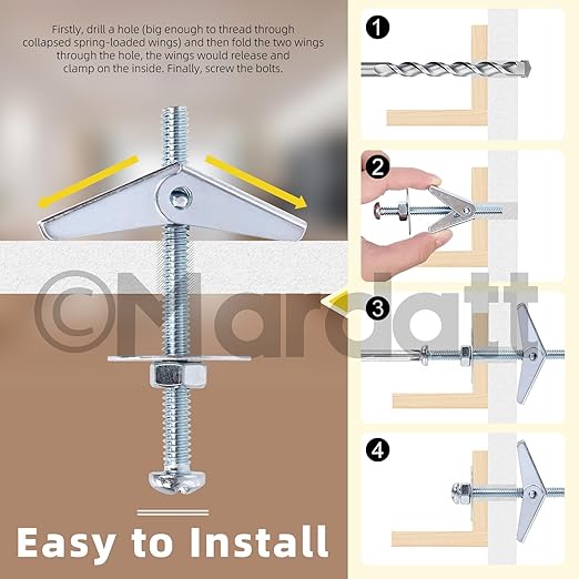 48 Sets 3 Sizes Toggle Bolts and Wing Nut Assortment Kit, 1/8" 3/16" 1/4" Metal Toggle Bolts Round Head Toggle Wing Nut Bolt Set Butterfly Toggle Anchors for Hanging Heavy Items on Drywall