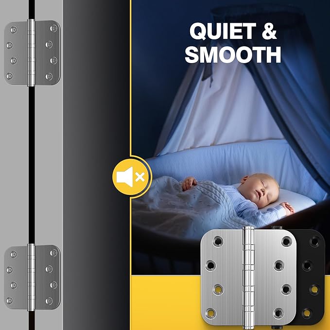 KOLET Ball Bearing Door Hinges, 4 x 4 Inches Door Hinges, Heavy Duty Stainless Steel Hinges, 5/8'' Radius Corner, Smooth and Quiet, Non Removable Pin, Brushed Nickel, 3 Pack