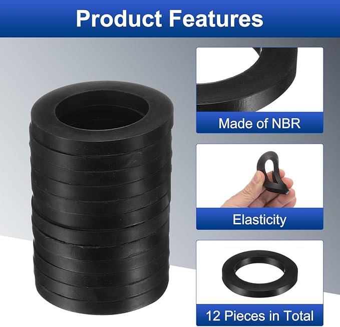 uxcell 12 Pcs Solid Nitrile Rubber Flat Washer DN40 2-5/32" OD x 1-1/2" ID x 1/4" Thickness Large Washers O Ring Sealing Gaskets, Industrial Flat Rubber Spacer, Black