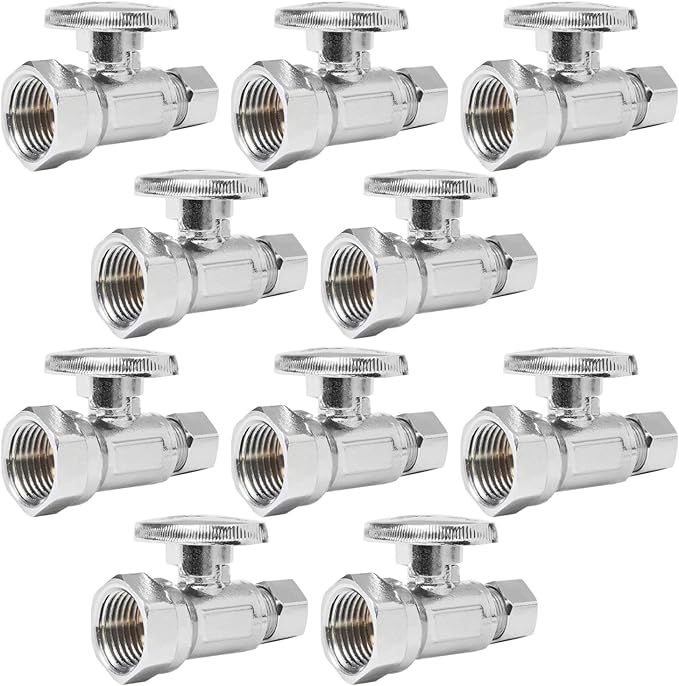 Straight Stop Valve,1/2" FIP Iron Pipe x 3/8" Compression Chrome Straight Shut-off Valve with 1/4 Turn (Pack of 10)(VALVE057-10Pack)