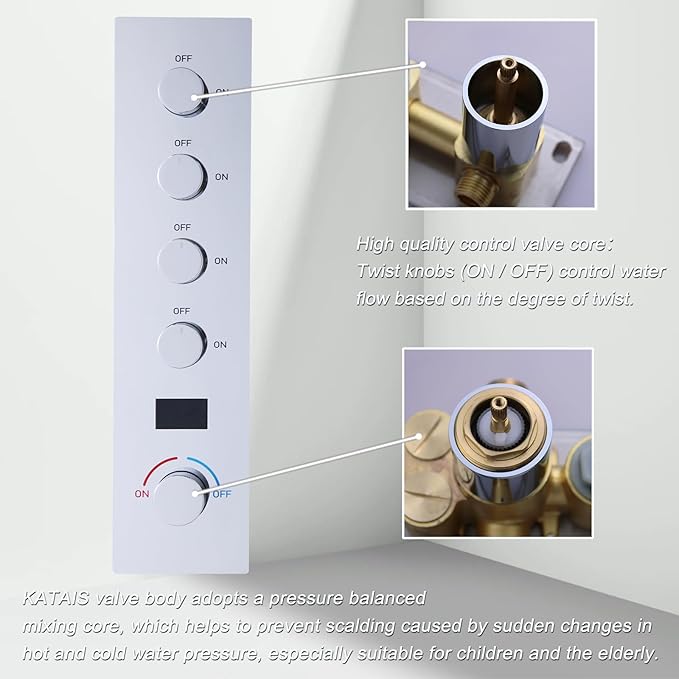 Shower Valve Concealed Shower Mixing Faucet with Temperature Display Function, Flow Control Brass Diverter Valve Kit, 4 Function Can Be Activated Simultaneously, Chrome