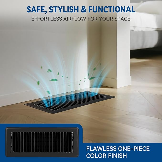 4" x 12" Floor Register Vent Covers 2-Pack, Walkable Powder-Coated Metal Vent Covers with Adjustable Airflow, Curved Safe Edges for Floor/Wall, Black