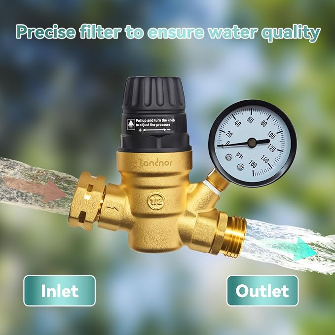 RV Water Pressure Regulator Valve With An Adjustable Knob, NO Tool Required, Brass Lead-Free Water Pressure Reducer with Gauge and Inlet Screen Filter for RV Camper Travel Trailer