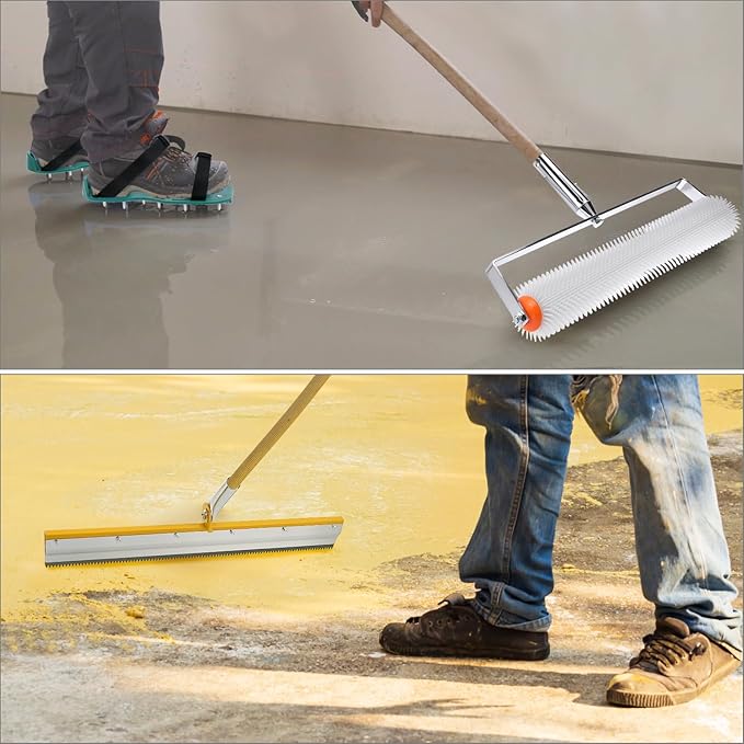 QWORK Self-Levelling Cement Tool Kit, Floor Construction Roller Spike Shoes, Epoxy Floor Paint Tool, Stainless Steel Scraper Self-Leveling Rake