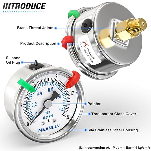 MEANLIN MEASURE 0~15Psi Dry Low Pressure Gauge Stainless Steel 1/4" NPT 2" FACE DIAL Waterproof for Water Oil Air Well Pump Tank Tire Pressure Test Back Mount (with 2PCS Snaps)