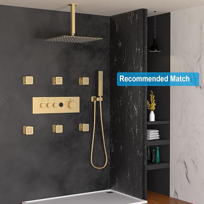 Enga 3-Function Shower Mixing Valve, Temperature Display Push-Button Thermostatic Valve with Flow Volume Control, Brushed Gold