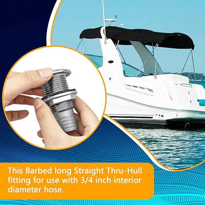 Thru Hull Fittings for Boats, Stainless Steel Yacht Through Hull Connecter with Straight Barb, Marine Barbed Hose Skin Fitting Drain for 3/4 inch I.D. Hose, 1 inch I.D. Hose
