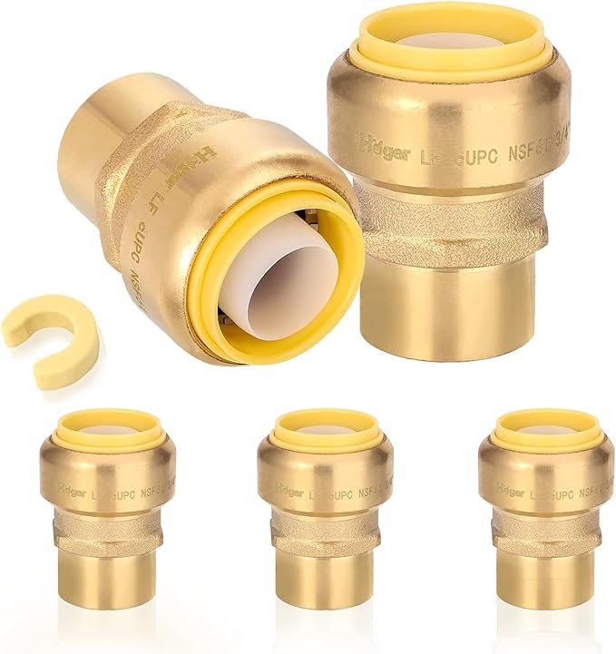 5-Pack HeSun Pushfit Female Adapter, 1/2" FNPT x 3/4" Push to Connect Plumbing Fittings with Disconnect Clip, Brass Push-fit Fittings for PEX, Copper, CPVC, PE-RT Pipes(PF133-5)