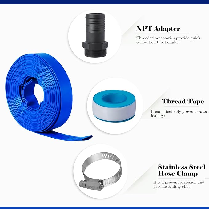 Eastrans 1 1/2 in x 100 ft Pool Backwash Hose Kit with Male NPT Adapter,Heavy Duty Discharge Pump Hose for Swimming Pool,Reinforced Pool Drain Hose with 2 Clamps and Thread Seal Tape,6 Bar