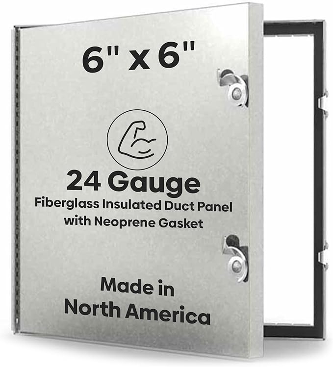 Best 6” x 6” Hinged Duct Access Panel with Neoprene Gasketing, 24-Gauge Galvanized Steel Access Door for Sheet Metal Duct, Fiberglass Insulated Double Panel, Notched Knock Over Tabs, BA-HD-5070