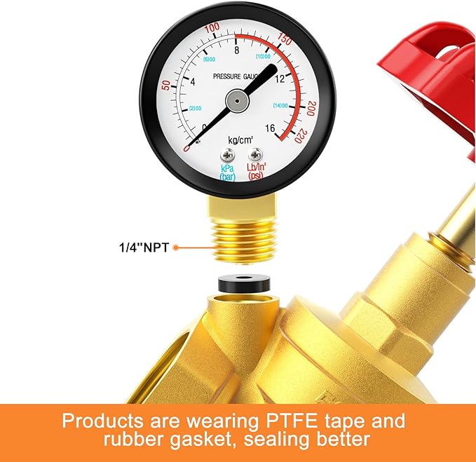 GASHER 1" Water Pressure Reducing Valve with Gauge Port 1/4", Brass Water pressure regulating valve for home
