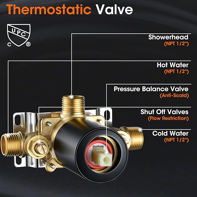 Matte Black Shower System, Shower Faucet Set with Pressure Balance Valve, 9 inch Single-Function Rain Shower Head, Bathroom Shower Valve Trim Kit, High Pressure Shower Fixtures (WT-9817BK)
