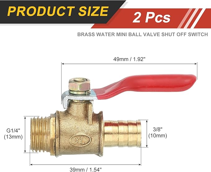 uxcell 4Pcs Brass Water Mini Ball Valve Shut Off Switch, G1/4" Male x 3/8" Hose Barb, 180 Degree Operation Handle, Brass Valve