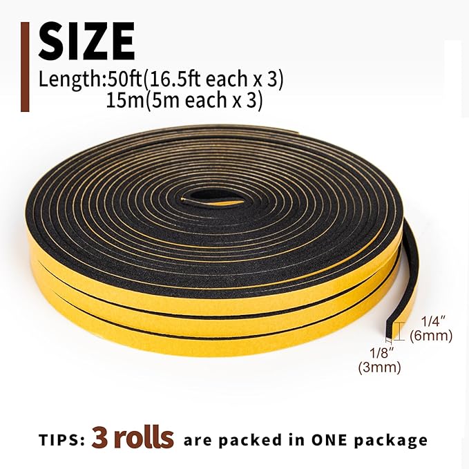 Yotache Foam Seal Tape 3 Rolls 1/4" W X 1/8" T, High Density Adhesive Foam Weather Strip Seal for Window and Door, 50 Ft Length (3 X 16.5 Ft Each)