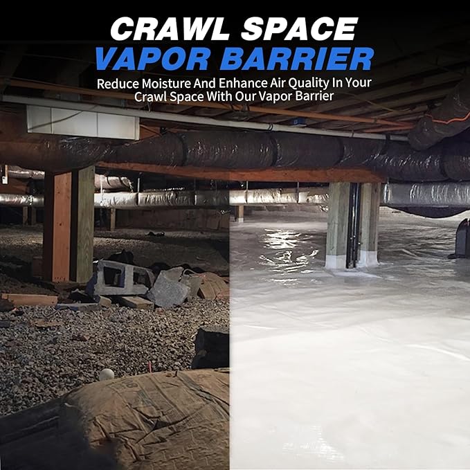 White Crawl Space Vapor Barrier, 10 Mil Vapor Barrier, 10' x 100', White Thick Plastic Sheeting, Heavy Duty Polyethylene Film, White Plastic Drop Cloth Covering for Crawlspace, Basement