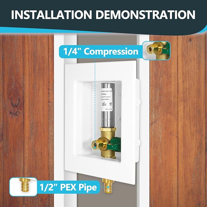 1-Pack Seelink Pre-Assembled Ice Maker Outlet Box, 1/2" PEX Crimp Inlet x 1/4" OD Compression Outlet, with Installed 1/4-Turn Ball Valve and Stainless Steel Hammer Arrestor