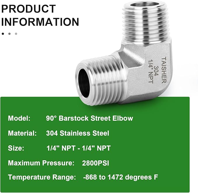 TAISHER 2PCS 304 Stainless Steel 90 Degree Barstock Street Elbow, 1/4" NPT Male Pipe to 1/4" NPT Male 304 Stainless Pipe Fitting