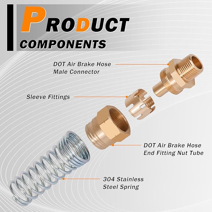 3/8” Hose x 1/2” Male Connector with Spring Guard, 4 Pack Brass DOT Air Brake Hose End Fitting with 8 Pack 3/8”Sleeve Tube