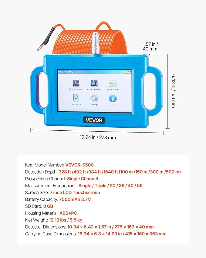 VEVOR Underground Water Detector, Up to 1640ft (500m) Pro Underground Water Detection Locator, 7" Touchscreen Auto Mapping Well Detector Explorer with Multi-Frequency Measurement, 8GB Card, Carry Case