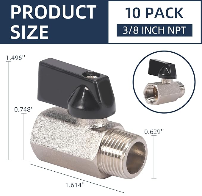 10 Pack 3/8'' Mini Brass Ball Valve 3/8 Inch Female x Male Threaded NPT Ball Valve Shut-Off Valve Plumbing Fitting for Water Oil Gas