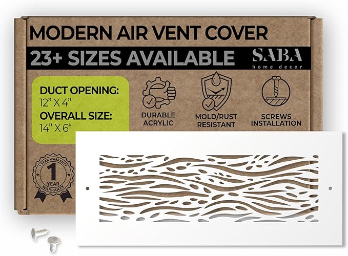SABA Home Decor White Air Vent Cover - Acrylic Plexiglass 4" x 12" Duct Opening (6" x 14" Overall) Return Grille Decorative Covers for Walls & Ceilings NOT for Floor USE, Waves, Screws Installation