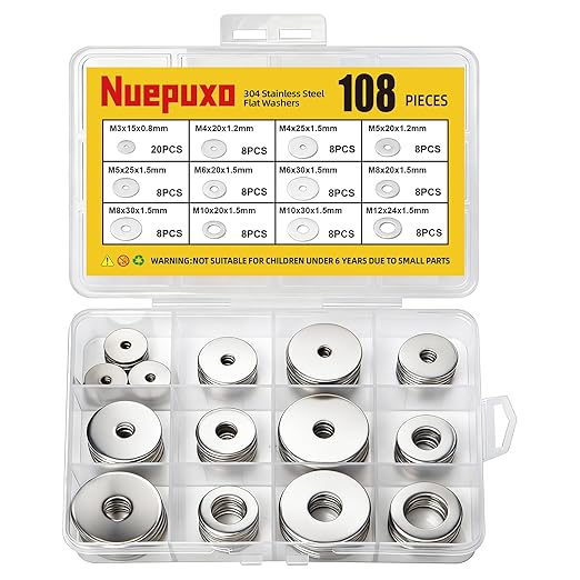 108PCS Flat Washers Assortment Kit, 304 Stainless Steel Fender Washers, 12 Sizes (M3 M4 M5 M6 M8 M10 M12) Metric Metal Washers for Screws and Bolts, Automotive Industrial Home Use
