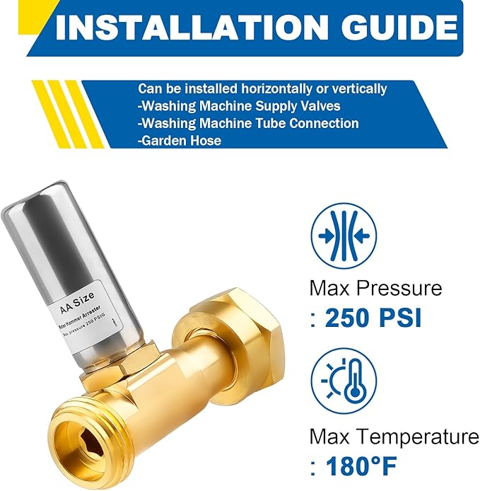 Water Hammer Arrestor for Washing Machine, 3/4 Inch Swivel FHT x 3/4 Inch MHT, Stainless Steel Straight Hammer Arrestor, Fittings of Metal for Pipes Applicable for Garden Hose and Plumbing(Pack of 2)