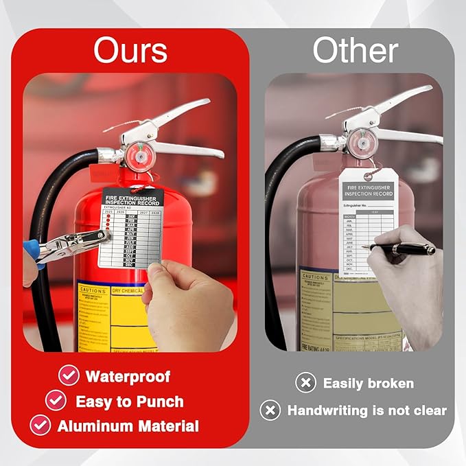 50 Sets 2025–2028 Fire Extinguisher Tags Aluminum Metal Inspection Record Tags 2.2 x 3 Inch with Hole Puncher & Numbered Security Zip Ties for Monthly Fire Extinguisher Inspection Indoor Outdoor