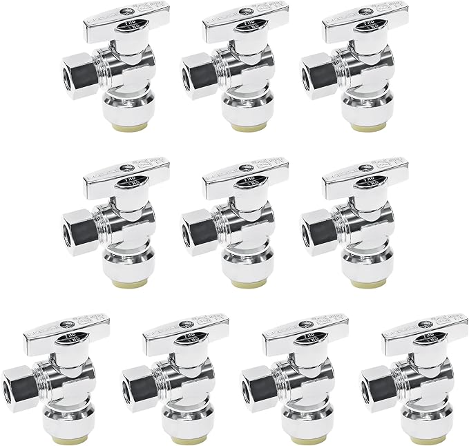 VINTEX 10 Pack Angle Stop Valve 1/2"Push X 3/8" Threaded Compression, 1/2 Inch Push x 3/8 Inch Compression Water Shut Off Valve, 9/16-24UNEF Thread, Copper, CPVC, PE-RT