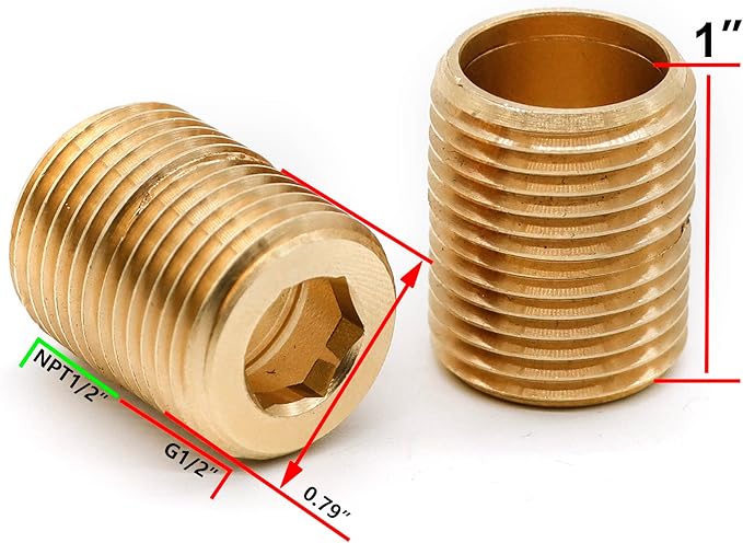 (2 pcs) Brass Pipe Adapter Plumbing, G Thread 1/2" Male to NPT Thread 1/2" Male Pipe Fitting Adapter, 1 inch Length, Seamless and Leakproof (1" Length)