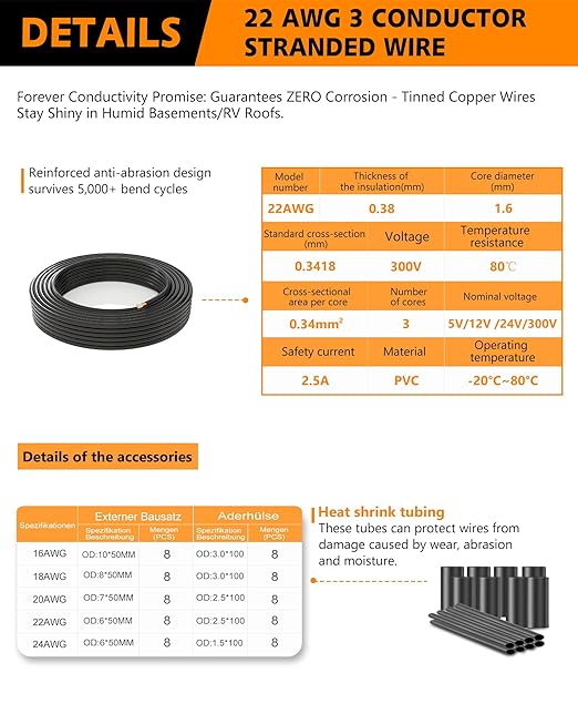 22 AWG 3-Conductor Electrical Cord -82.02FT/25M Premium Tinned Copper Cable with 300V Rating, Flexible PVC Jacket for LED Light Strips Installation, Automotive Accessories,Home Theater Wiring