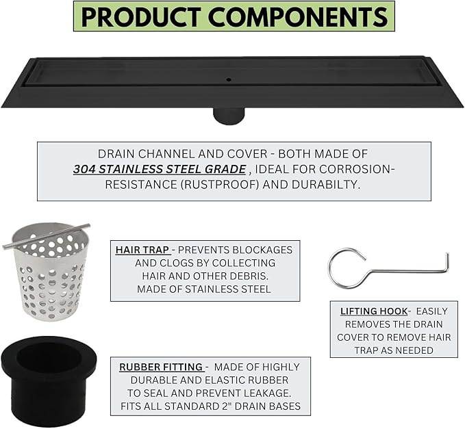 SereneDrains 304 Stainless Steel 36 Inch Tile in Linear Matte Black Shower Drain Kit Floor Long Hair Catcher Strainer Grate Cover Bathroom Insert (Matte Black, 35 Inch)