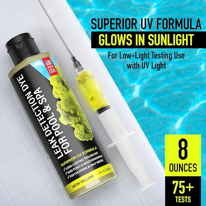 Pool Leak Detection Dye Kit - with 2 Precision Applicators - Made in USA - Superior Long Lasting UV Pool Dye Easily Locates Leaks - for All Pool, Spa, & Hot Tub Types - 8 OZ (Fluorescent Yellow)