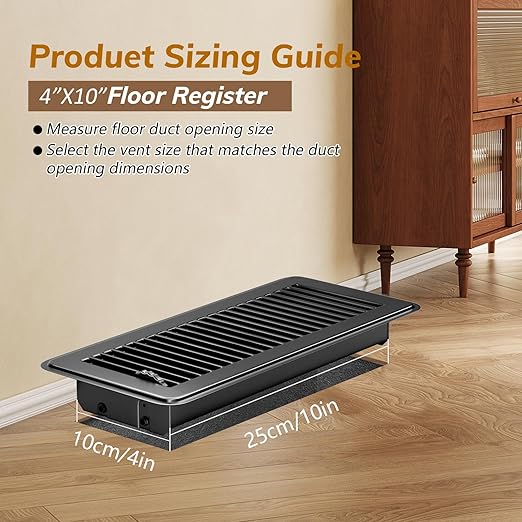 2Pcs Floor Vents Floor Registers 4x10 Inch, Heavy Duty Metal Hot Air Vent Covers 4x10 Inch with Rust-Proof Finish for Home Heater Floor Vent Grilles and Vents (2, Black, 4x10 Inches)