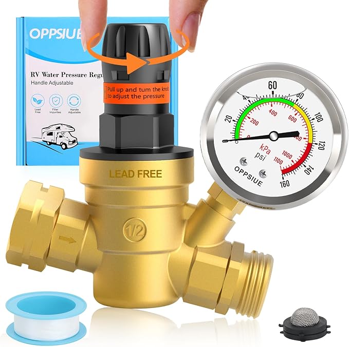 RV Water Pressure Regulator, Handle Adjustable Knob No Tool Required Pressure Regulator,Brass Lead-Free Water Pressure Reducer with Gauge for RV Camper Travel Trailer,Suitable for NH Thread
