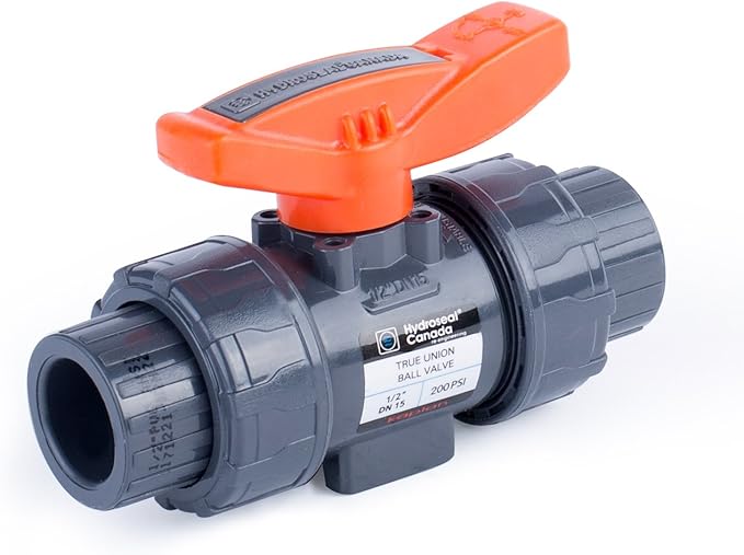 HYDROSEAL Kaplan 1/2" PVC True Union Ball Valve with Full Port, ASTM F1970, EPDM O-Rings and Reversible PTFE Seats, Rated at 200 PSI @73F, Gray, 1/2 inch Socket (1/2")
