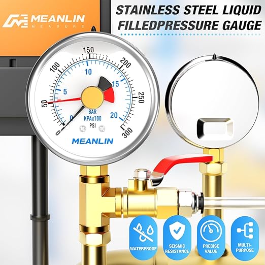 MEANLIN MEASURE 0~300Psi Stainless Steel 1/4" NPT 2.5" FACE DIAL with Reset Pointer Liquid Filled Pressure Gauge WOG Water Oil Air, Lower Mount, with 1/8" x 1/4" NPT and 1/8" x 3/8" NPT Hex Bushing