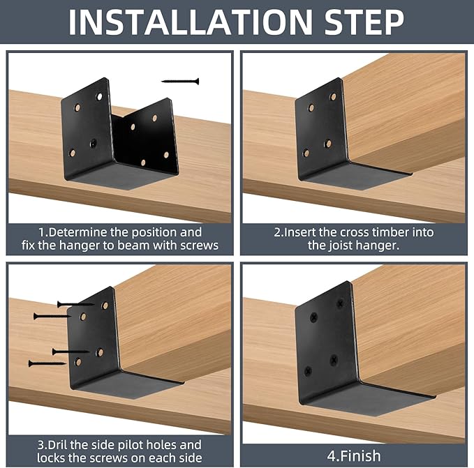 4 Pcs Deck Railing Brackets Connectors for 4"x4", 4"x6" Railing Wood Post, Heavy Duty Mounting Joist Hanger Brackets with Screws, Black