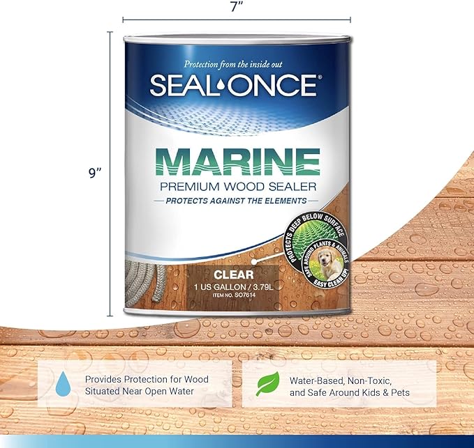 SEAL-ONCE Marine Ready Mix - 2 Gallon Penetrating Wood Sealer Waterproofer & Stain (Clear). Water-Based, Ultra-Low VOC Formula for high-Moisture Areas to Protect Wood Docks, Decks & Piers.