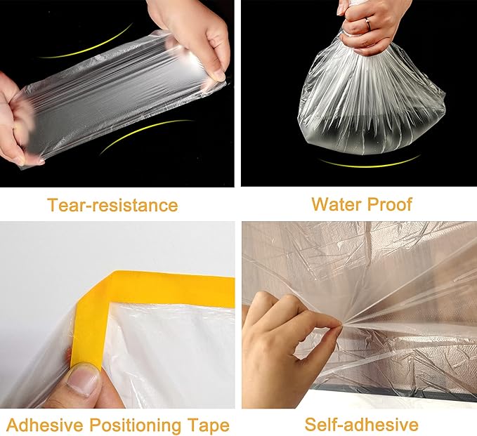 Muf 2 x 65 Feet Plastic Drop Cloth Plastic Sheeting with Masking Tape,Waterproof Protective Masking Film,Prevent Dust Paint for Car,Furniture,Carpet,Floor,2 Pack