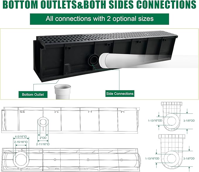 Deep Profile HDPE Trench Drain System for Yard-39.4Lx6.3Wx7.8H in. Channel Drain with Grates,Plastic Yard Drainage Systems for Outdoor Houseside Sidewalk Patio Backyard Landscape