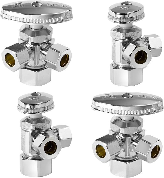 HeSun 4-PCs Pex Angle Stop Valve, 1/2" Nominal (5/8"OD) x 3/8" OD Comp, 3-Way Multi Turn Compression Angle Stop, PEX Chrome Plated Brass